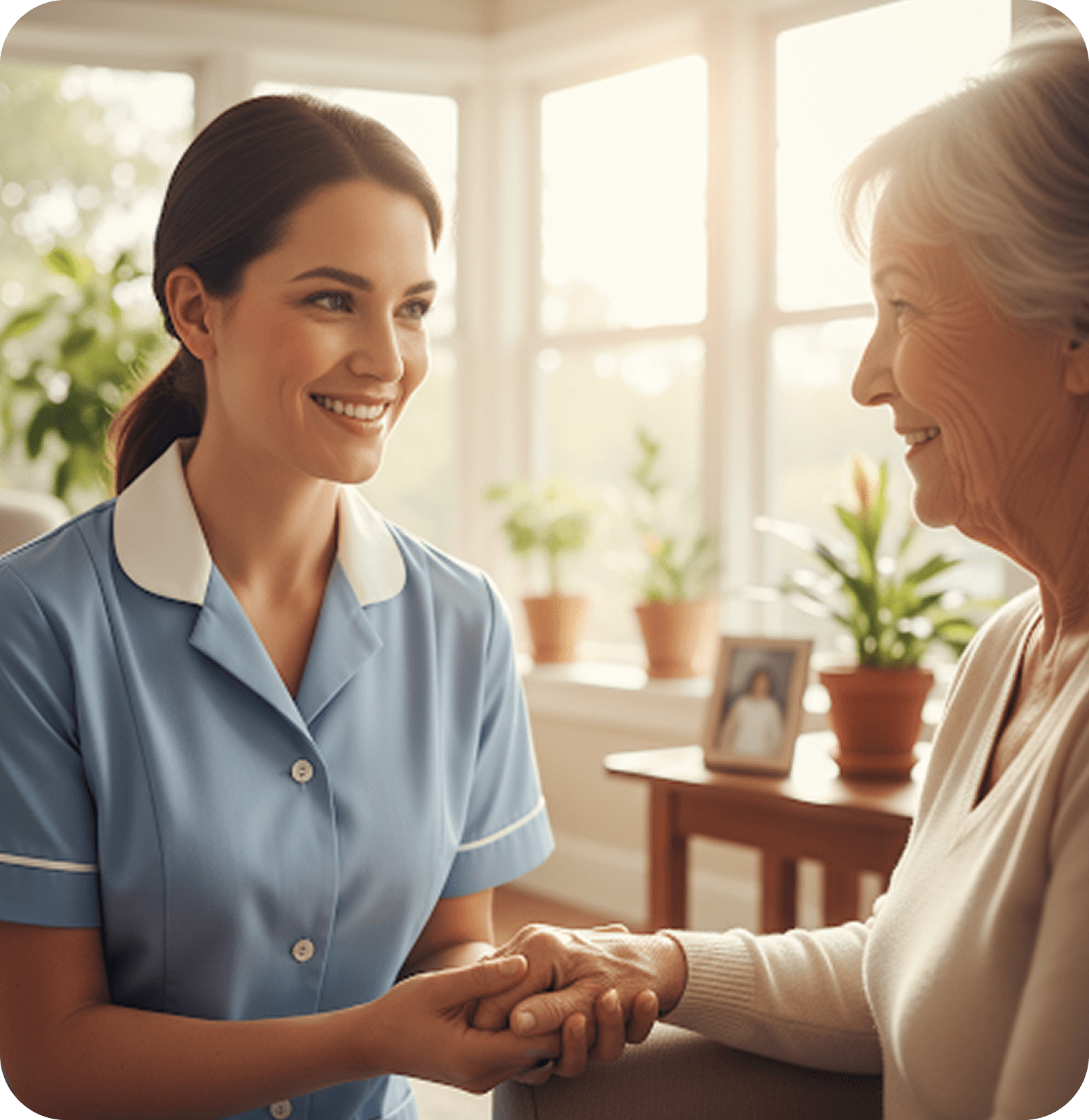 Two elderly women laughing together